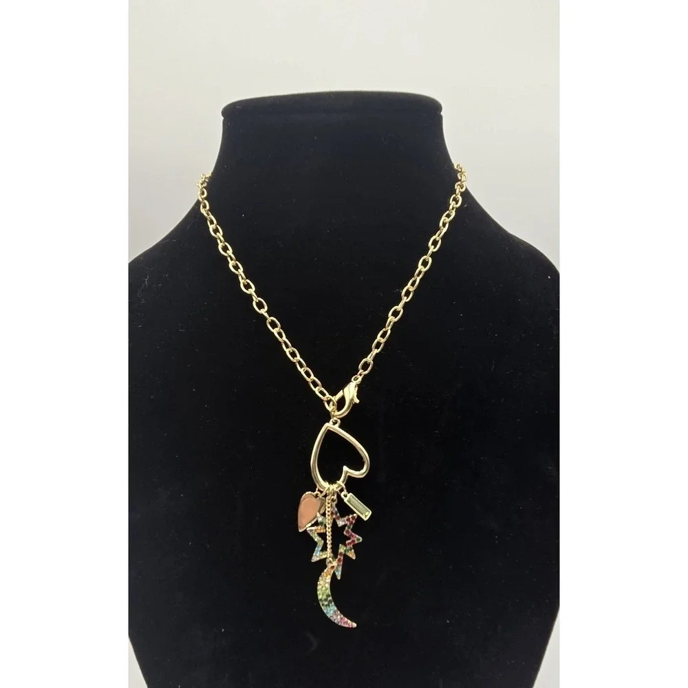 Gold Tone Charm Statement‎ Necklace Rainbow Stones Heart Star Moon Adjustable